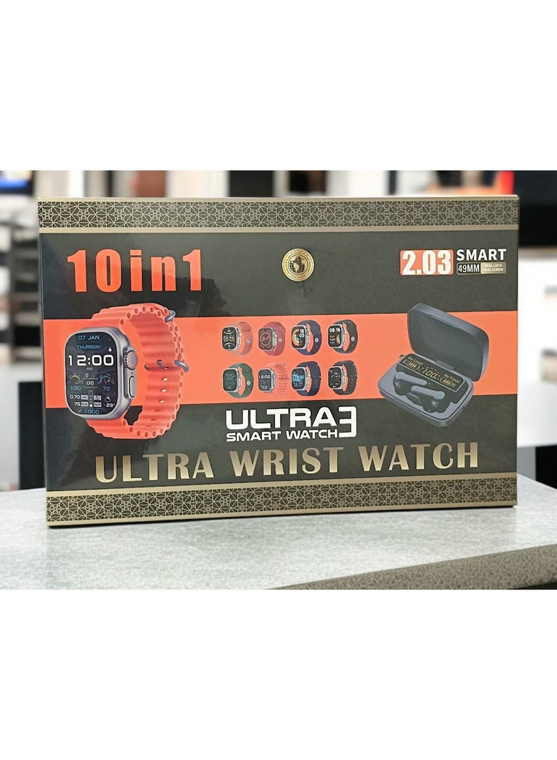 ألترا ساعة ذكية 10 في 1 تعمل باللمس بالكامل مع أحزمة متعددة الألوان قابلة  للاستبدال وسماعه بلوتوث - Image 1